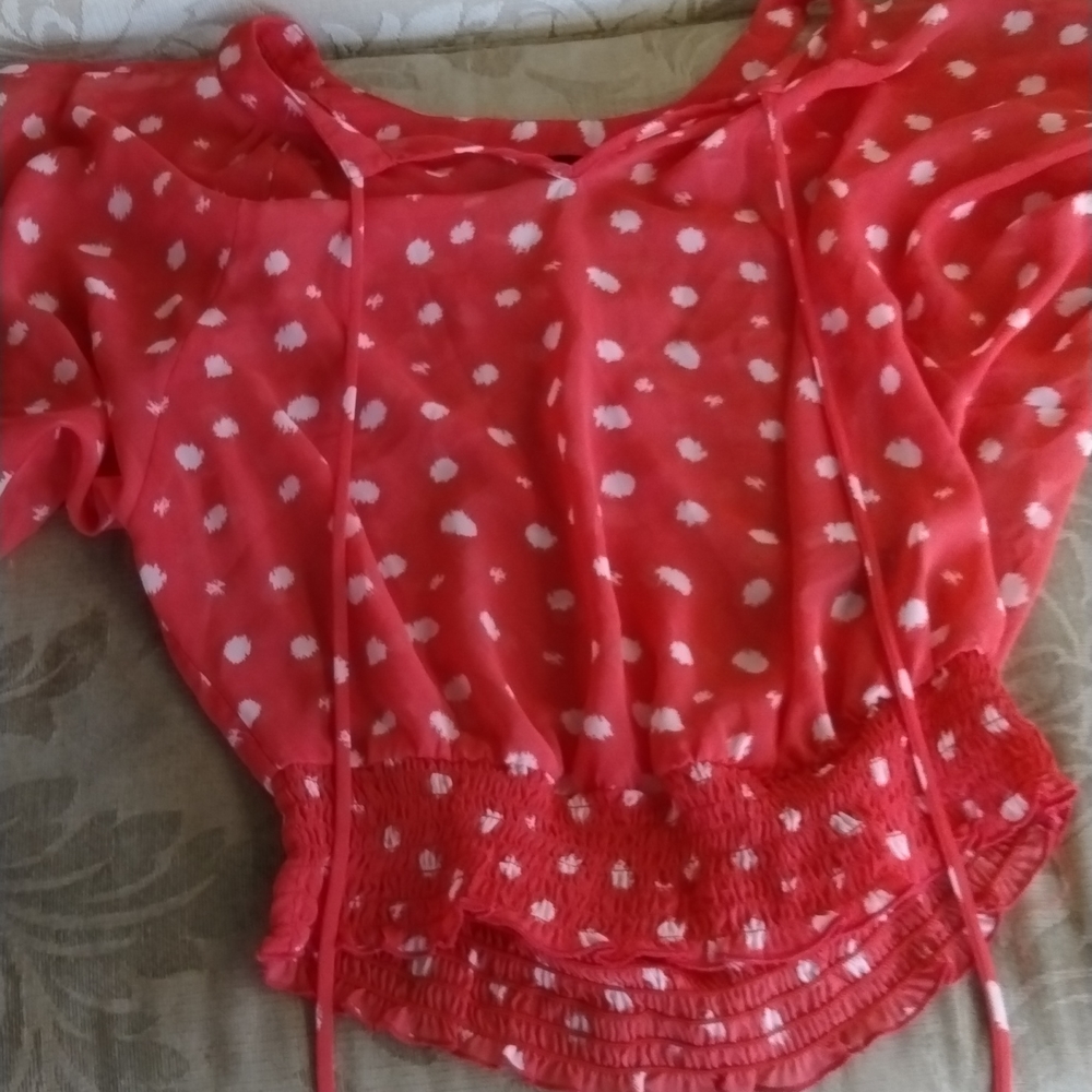 Orangie red white polka dot blouse open shoulder hangs with elastic waist